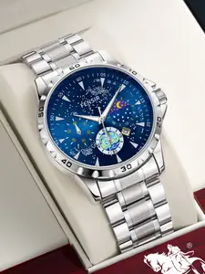 Luxury Fashion New Starry Sea Men's Quartz Watch, Round Dial Analog, Luminous Waterproof Full Stars High Aesthetic Steel Band Leather Strap, Casual Style