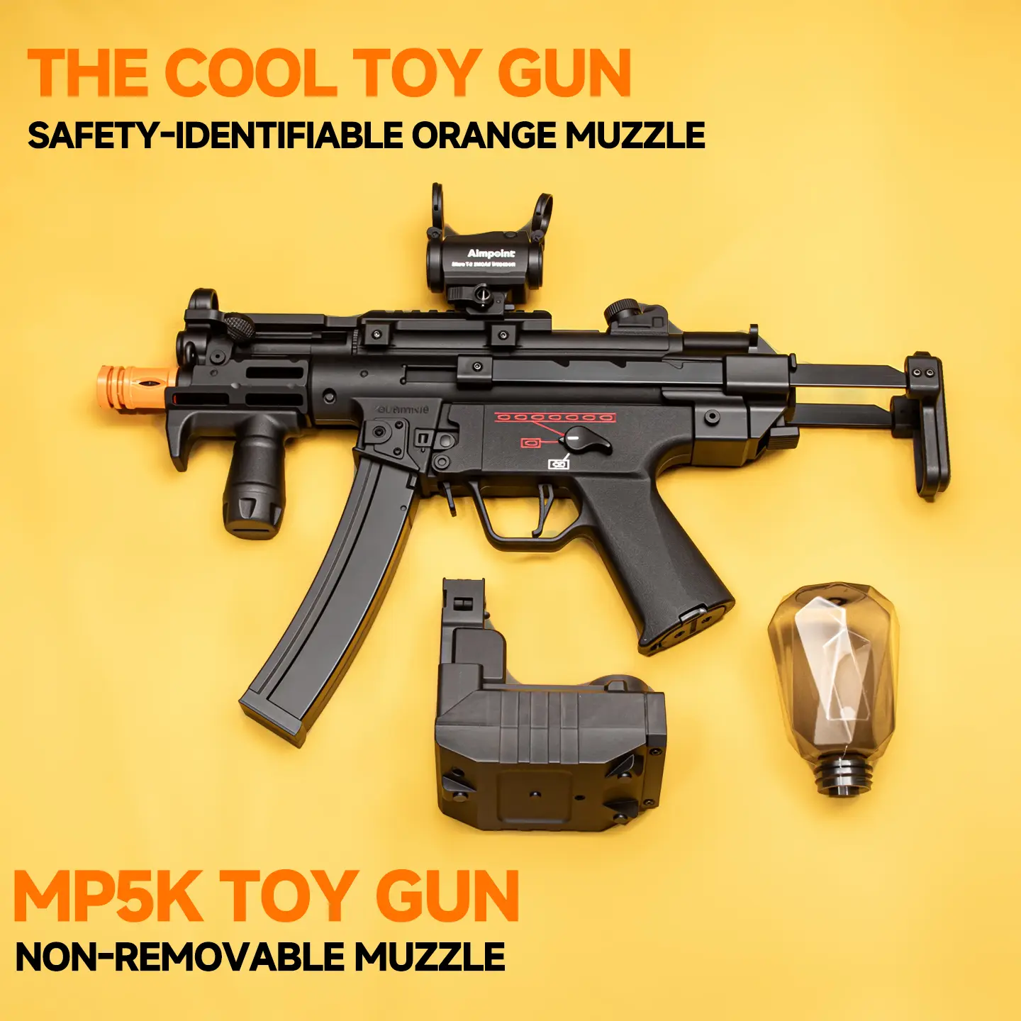 Electric feed Gel Ball Toy MP5，with a non-removable orange muzzle, Realistic Look