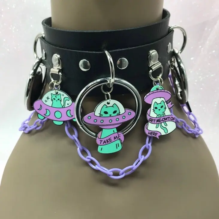 Black necklace alien pendant and spikes ufo  goth Halloween costume