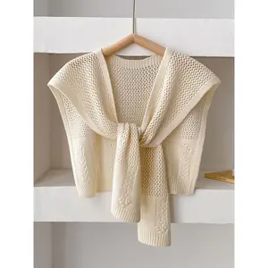 Women's Solid Color Knitting Hollow Out Cape Sweater Casual Basic Long Sleeve Open Front Knitwear for Daily Wear Fashion Tops for Ladies & Girls