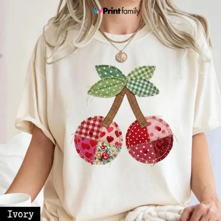 Comfort Colors Cherry Printed T-Shirt, Patchwork Quilted Farmhouse Cherry Tee, Rustic Gingham Floral Cottagecore Aesthetic, Vintage Print Shirt, Mama Gift - Printfamily