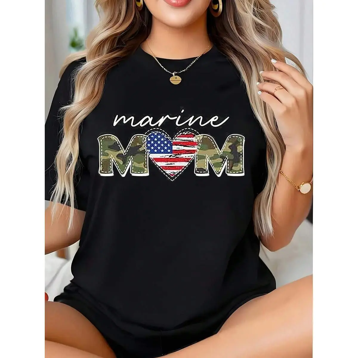 Men's Cotton Short-Sleeve Graphic T-Shirt - Marine Mom, Patriotic Heart, American Flag Camo Design, Military Family Support, Memorial Day Celebration Top