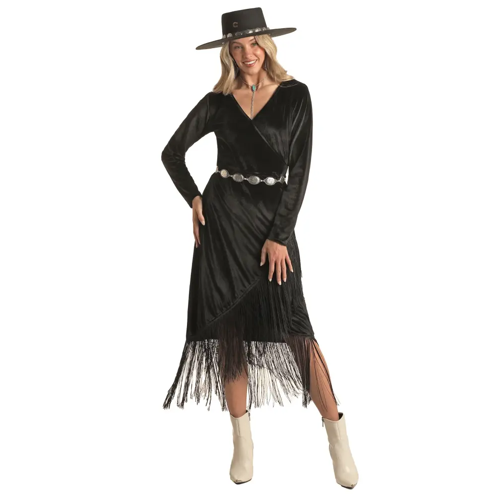 Panhandle Ladies Velvet Fringed Black Wrap Around Dress LWD1R02849