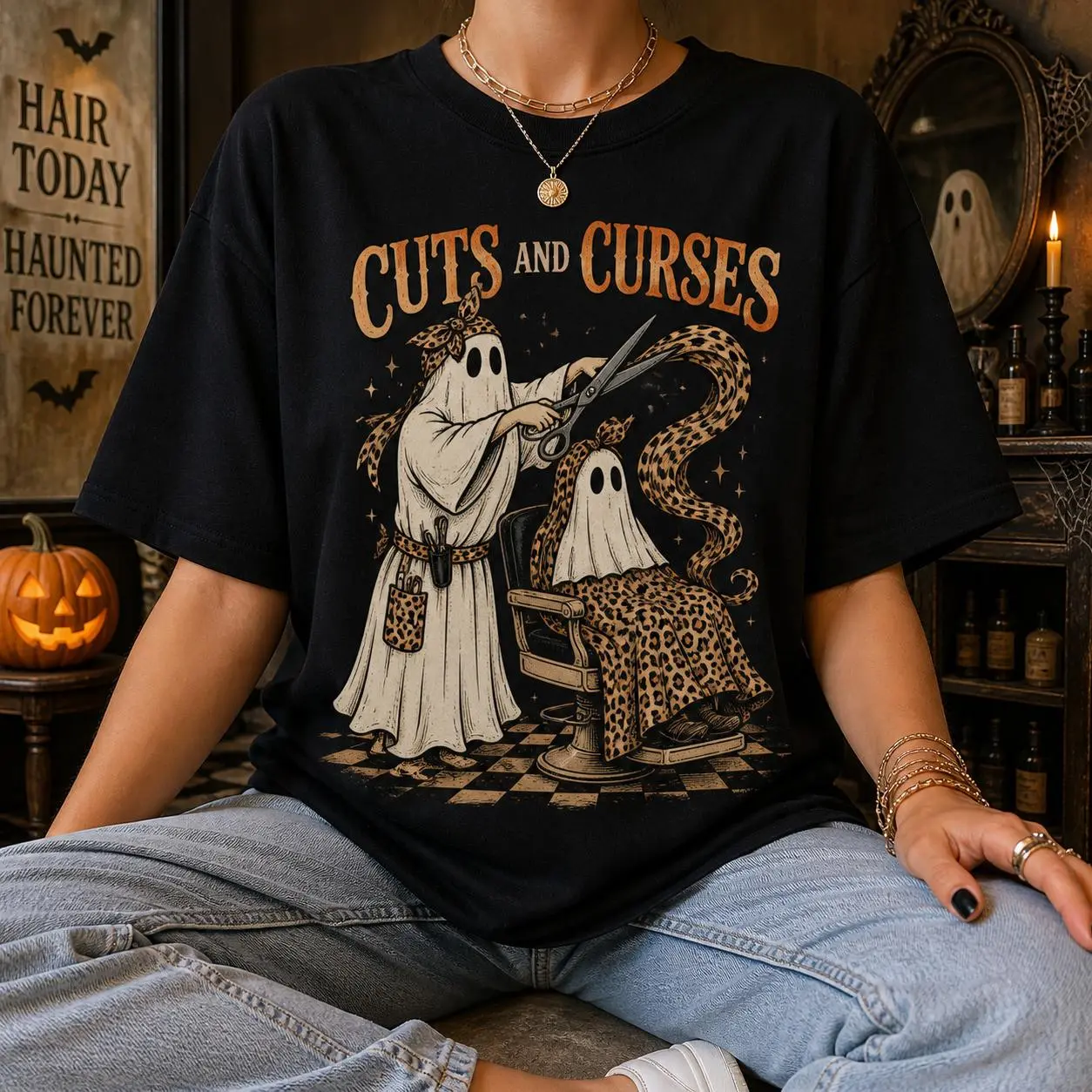 Cuts and Curses Hair Stylist Shirt Salon Ghost Halloween Graphic Tee for Women