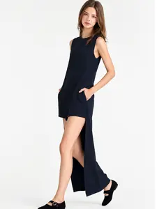 LikeMyChoice High-Low Sleeveless Jumpsuit Minimalist High-Fashion Romper with Dramatic Trailing Maxi Hem Chic Quiet Luxury Outfit Fabric Womenswear Elegant Overalls Pockets Seamless Structured Premium Fabric