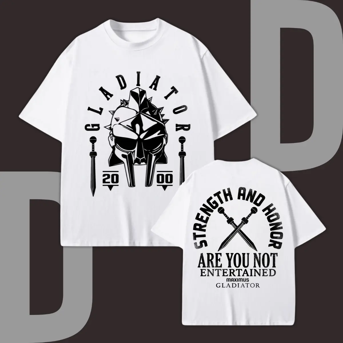 Men's Classic Casual Short-Sleeve T-Shirt - Gladiator Strength and Honor Design, Are You Not Entertained Quote, Roman Warrior Front-Back Prints, Tshirt, Top, Shortsleeve, Cotton, Unisex, Sport, Fabric, Menswear