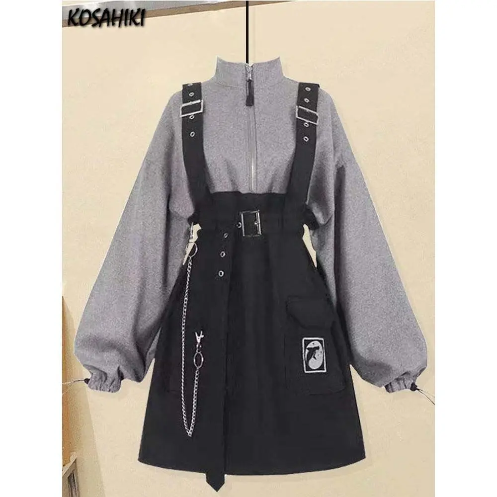 KOSAHIKI Women Gothic Punk Lolita Dress Casual High Waist Long Sleeve Girl Fake Two Piece Contrast Patchwork Dresses+Belt Outfit