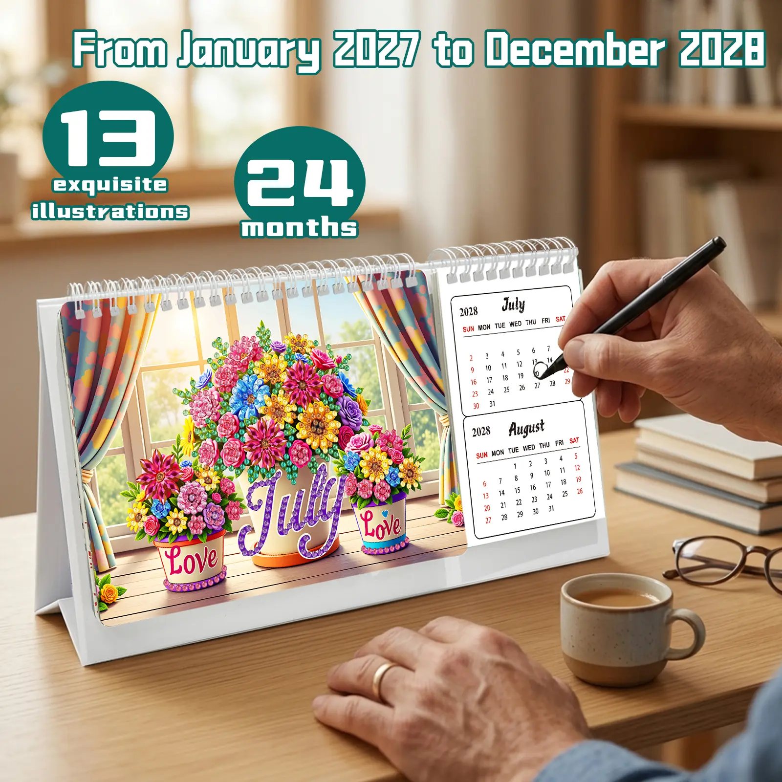 2027-2028 Biennial Diamond Painting Desk Calendar, 2-Year Pet & Floral Design with 13 Exquisite Monthly Holiday Illustrations, Writable Schedule Area, Dual-Use as Diamond Painting Cross Stitch Ornament, Personalized Texture Gift for Christmas Friends