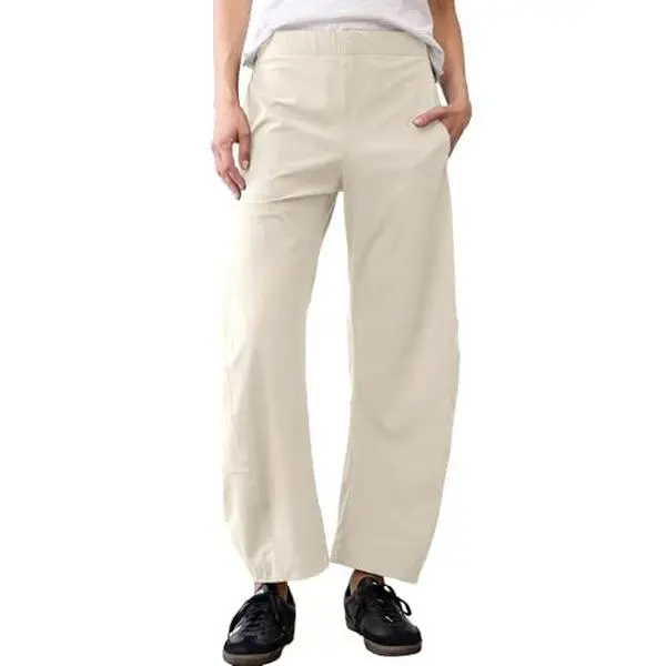 Women Mid Rise Barrel Work Trousers Elastic Back Waist Tapered Baggy Lounge Pants With Side Pockets True To Size Solid Daily Travel Bottoms, back to school shopping