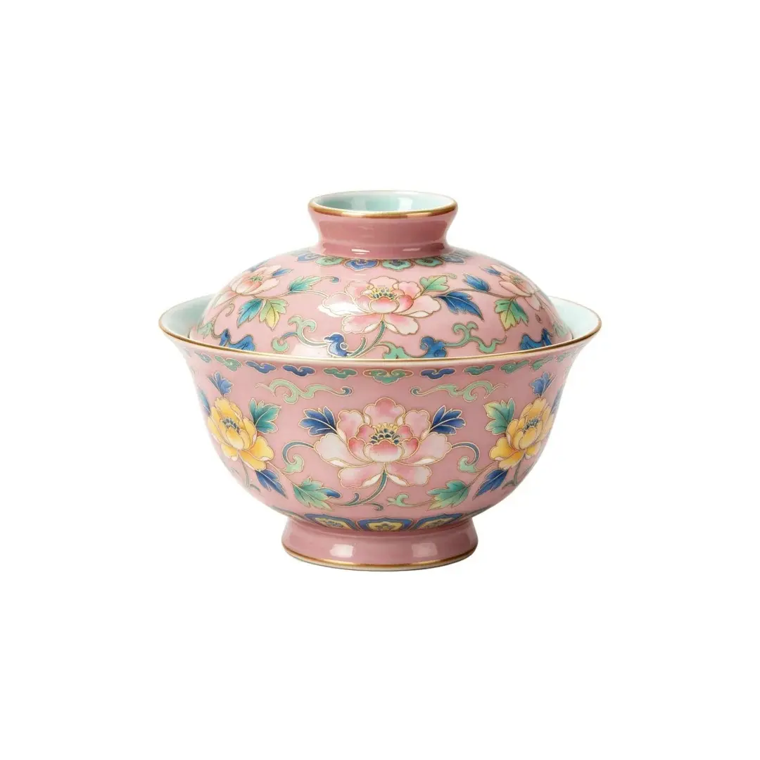 Pink Base Porcelain Gaiwan, Peony Floral Golden Trim, Elegant Chinese Gongfu Tea Brewer