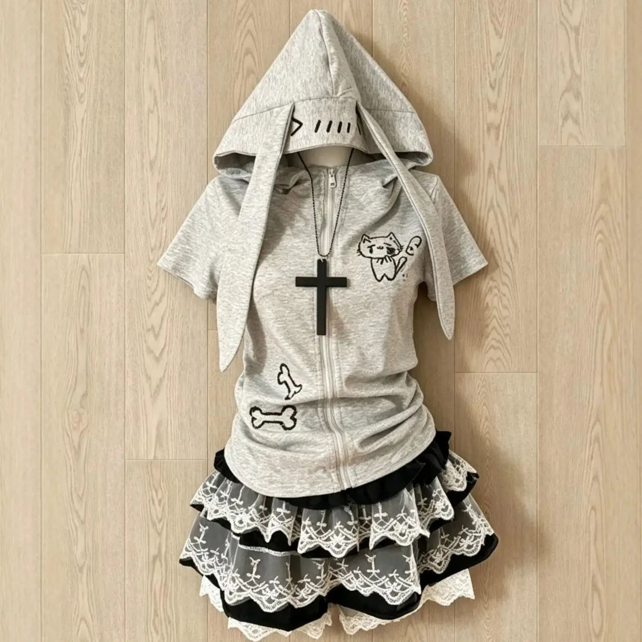 Dark Sweet Graphic Hoodie Skirt Set Short‑Sleeve Bunny Ear Hoodie Layered Lace Skirt