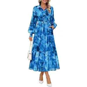 ZESICA Women's Spring Floral Long Sleeve Maxi Dresses 2026 Casual Button Belted Chiffon Boho Wedding Guest Party Dress
