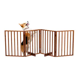 Pet Gate - 4-Panel Foldable Dog Fence for Stairs or Doorways - 24-Inch Retractable Pine Wood Freestanding Dog Gates (Brown/White)
