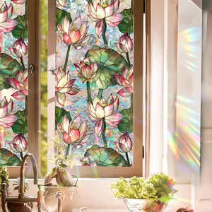 Stained Glass Window Film UV Resistant Window Privacy Film Lotus Floral Privacy Rainbow Decals Living Room Bedroom Sun Blocking Decor Removable Static Cling Stickers 17 x 78.74 Inch