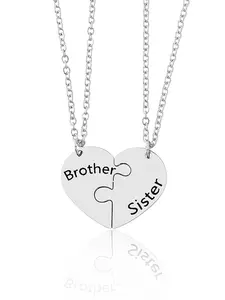 2 Piece Set Brother & Sister Heart Puzzle Pendant Necklace, Love Heart Necklace, Stainless Steel, Preppy Style, Perfect Gift for Twin Birthdays