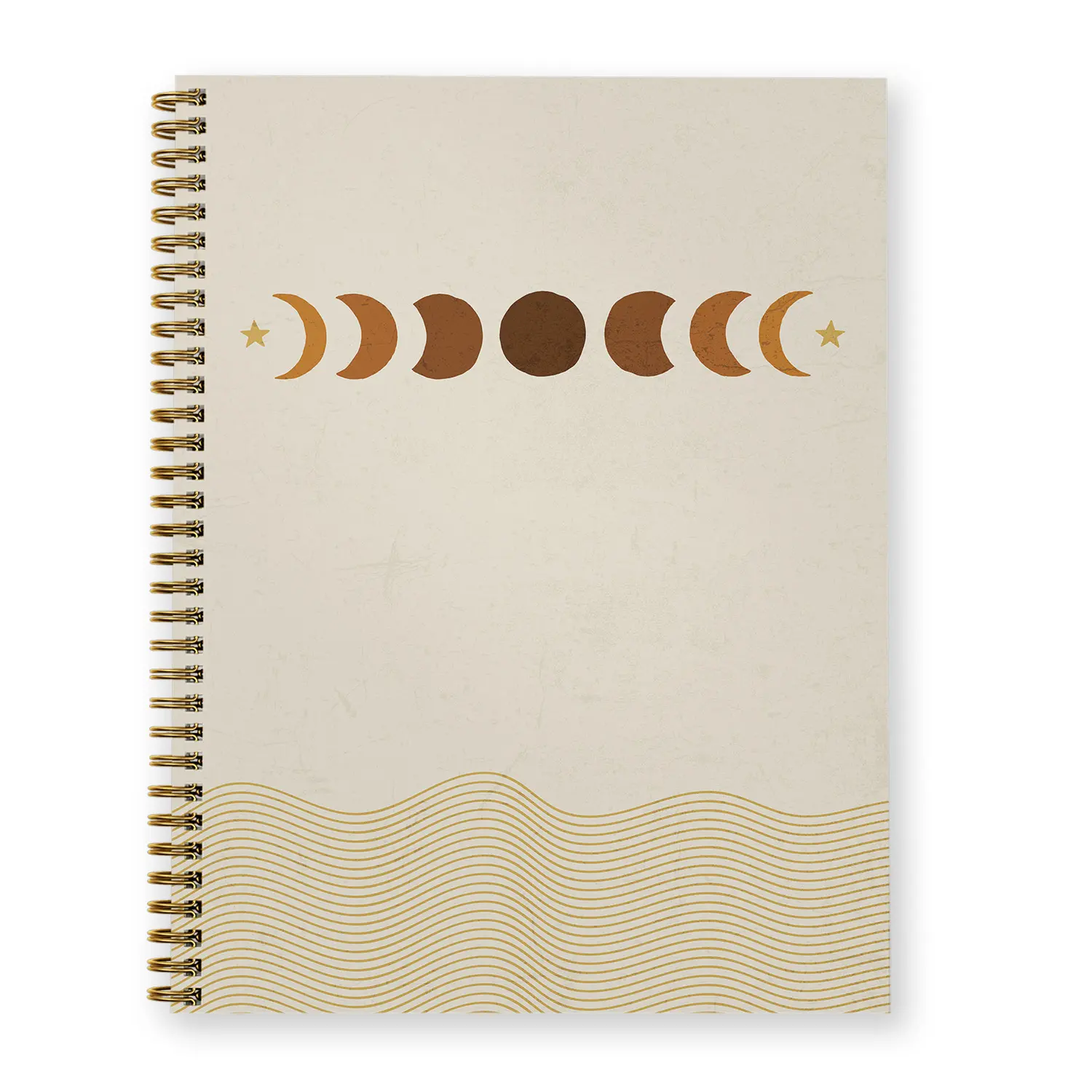 Softcover Moon Phases 8.5" x 11" Astral Spiral Notebook, 120 Lined Pages, Durable Gloss Laminated Cover, Gold Spiral. Made in the USA