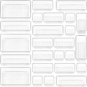 Vtopmart 25 PCS Clear Plastic Drawer Organizers Set, 4-Size Versatile Bathroom and Vanity Drawer Organizer Trays, Storage Bins for Makeup, Bedroom, Kitchen Gadgets Utensils and Office