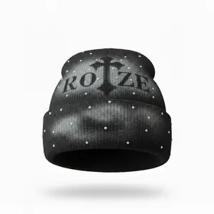 Roze Shine Beanie - Unisex Black Knit Hat with Cross Design and Sparkle Details
