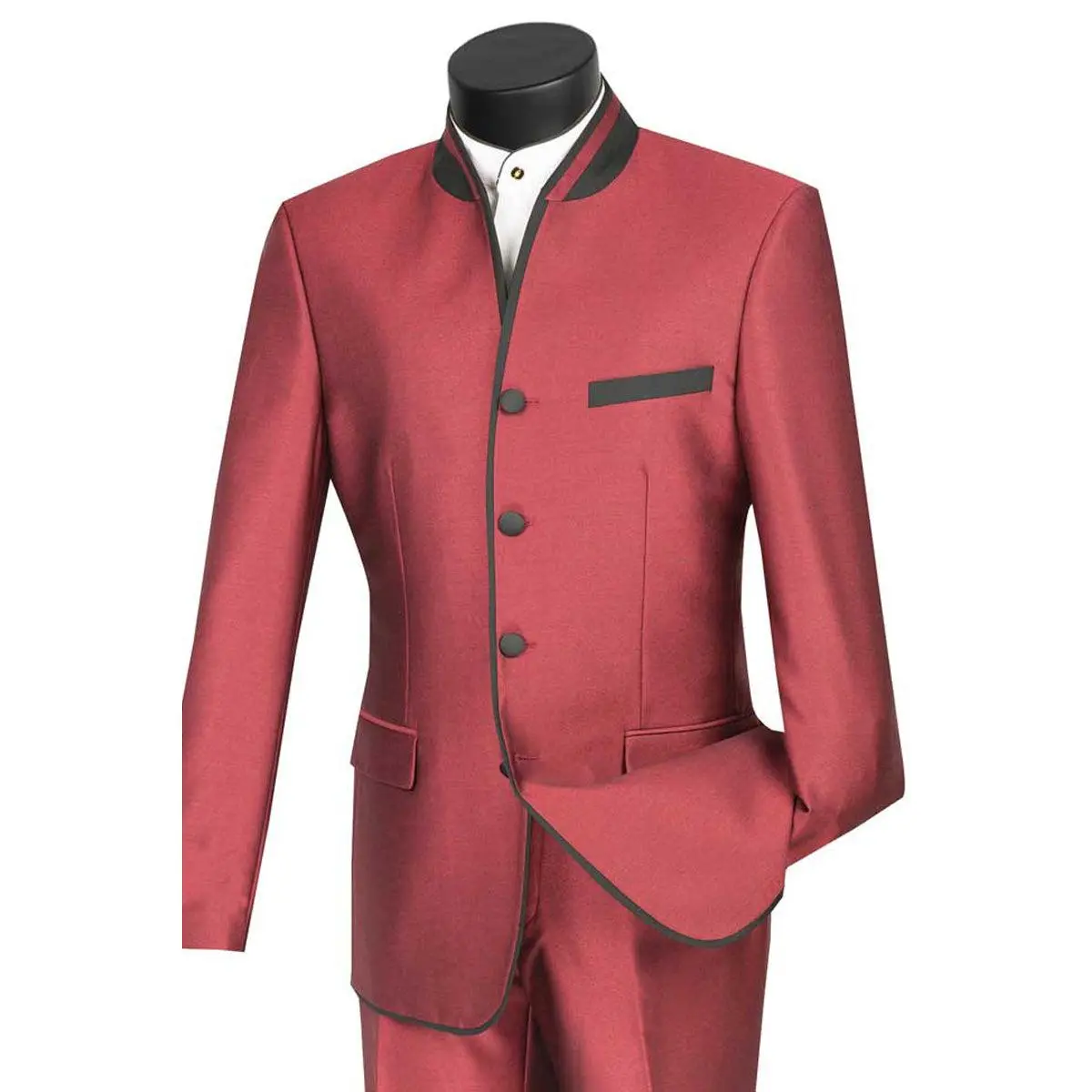 Mens 4 Button Mandarin Banded Trim Tuxedo in Burgundy