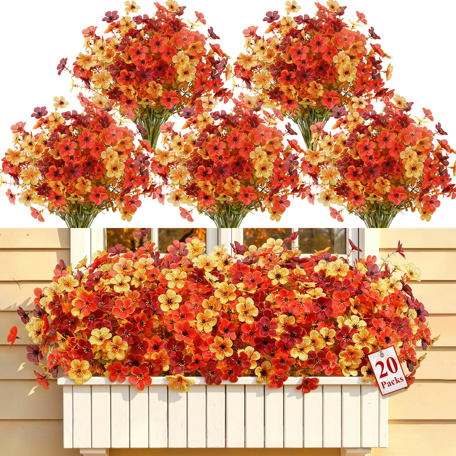 SHareconn 20/40 Bundles Artificial Fall Eucalyptus & Violet Stem,  Orange Yellow Brown Faux Autumn Floral Pick for Thanksgiving, Harvest, Home, Vase & Wedding Decor