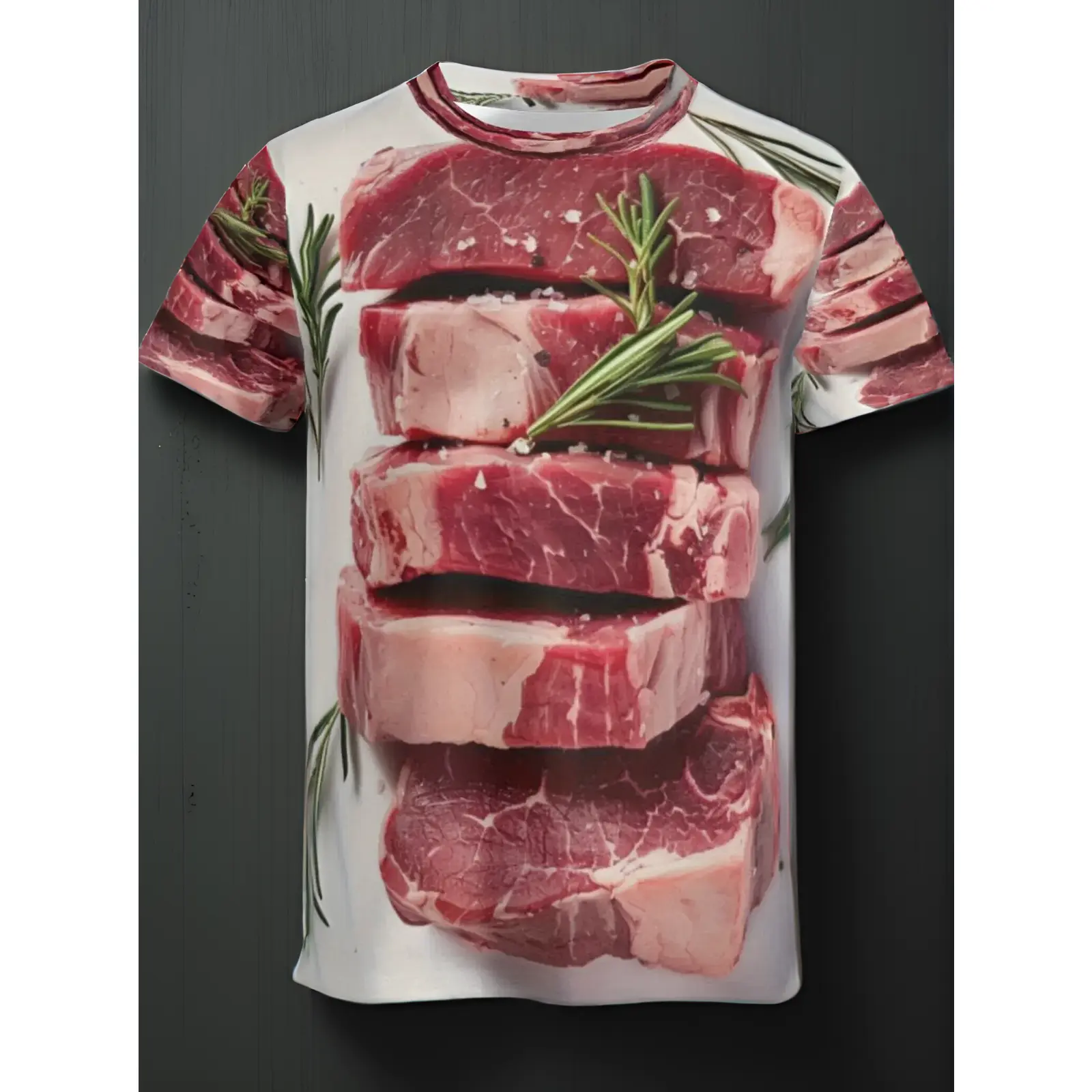Men's 3D Steak Print T-Shirt- Meat Lover Kitchen Apparel with Realistic Raw, Medium-Rare, Medium-Rare Juicy Doneness Levels- Suitable for BBQ Parties and Grilling Funny Cooking Gift- Machine Washable Casual Crew Neck T-Shirt- Adult Food-Themed