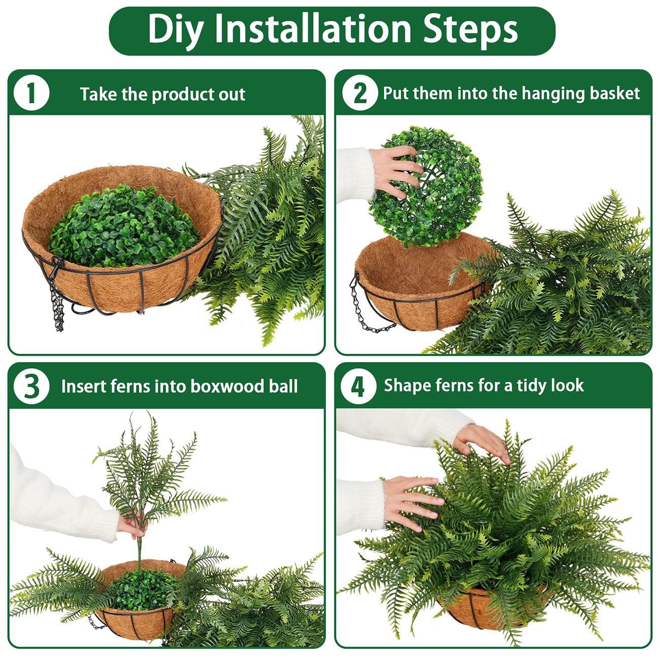 2 Set Artificial Hanging Fern Plants Outdoor Fake Hanging Ferns Planter, Includes Hanging Flower Basket And Artificial Fern, UV Resistant Faux Fern Plant Basket For Outdoors Patio Garden Home Decor