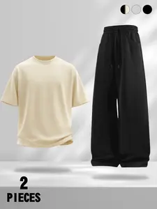 Premium Men's Solid Color 2 Piece Casual Tracksuit - Loose Wide Leg Pants & Comfy Crew Neck Tee Set, Elastic Waist Athleisure Outfit for Daily & Street Style