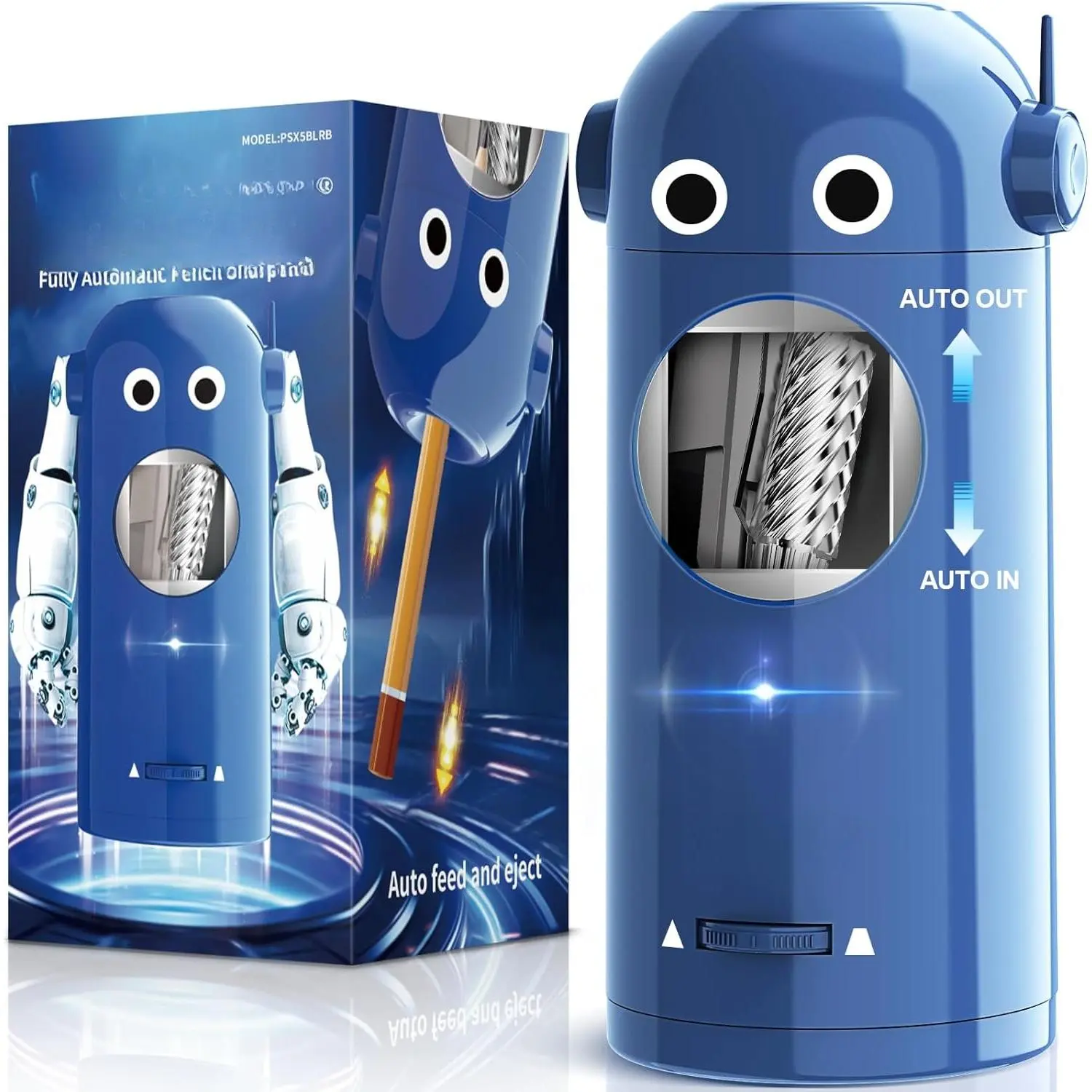Electric Pencil Sharpener for Colored Pencils 7-11.5mm, Fully Automatic Robot Pencil Sharpener, Auto in & Out, Rechargeable Hands-Free for Classroom//Office,  Operated, PSX5RB, Blue