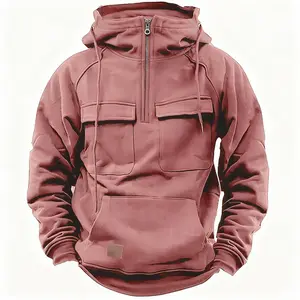 Men's Quarter-Zip Hooded Sweatshirt - Multi-Pocket, Business & Leisure Styles, All-Year-Round Wear, Movement Pullover