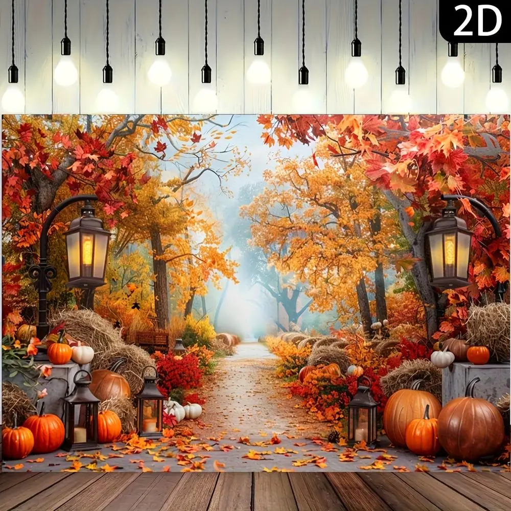 1pc Soft Durable 2D Flat Pumpkin Theme Halloween Wall Hanging Photo Backdrop - Glam Flat Banner, Non-Elastic White Textile, Party Decoration Supplies with Leaf Motif, Vintage Lanterns, Photo Backdrops