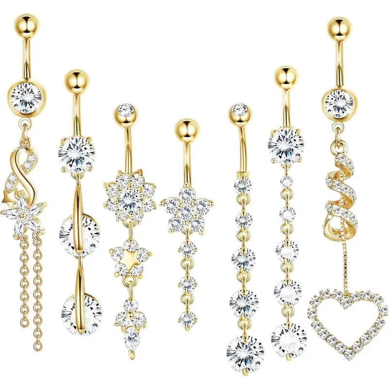 7 Pcs 14G Dangle Belly Button Rings for Women 316L Surgical Steel Curved Navel Barbell Body Jewelry Piercing