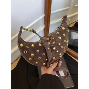 Mini classic women's high-end rivet design shoulder bag, fashionable and simple, easy to match with crossbody bags for daily use, suitable for commuting, business, dating and gatherings, etc, Embellished Shoulder Bag