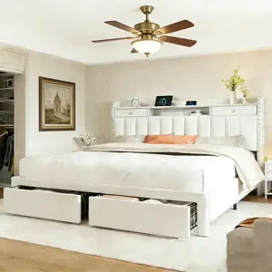 TryLazy Upholstered Flatform Bed Frame with 4 Storage Drawers No MATTRESS Queen Size Wood Slats Holds 900lbs No Noise Rivet Design USB Socket White