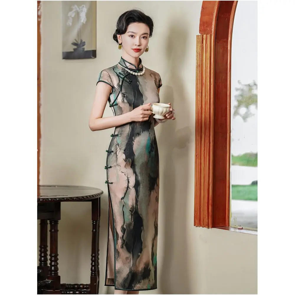 Floral Abstract Ink Artistic Qipao Dress | Neo-Chinese Cheongsam, Modern Oriental Dress, Elegant Evening / Daily Wear