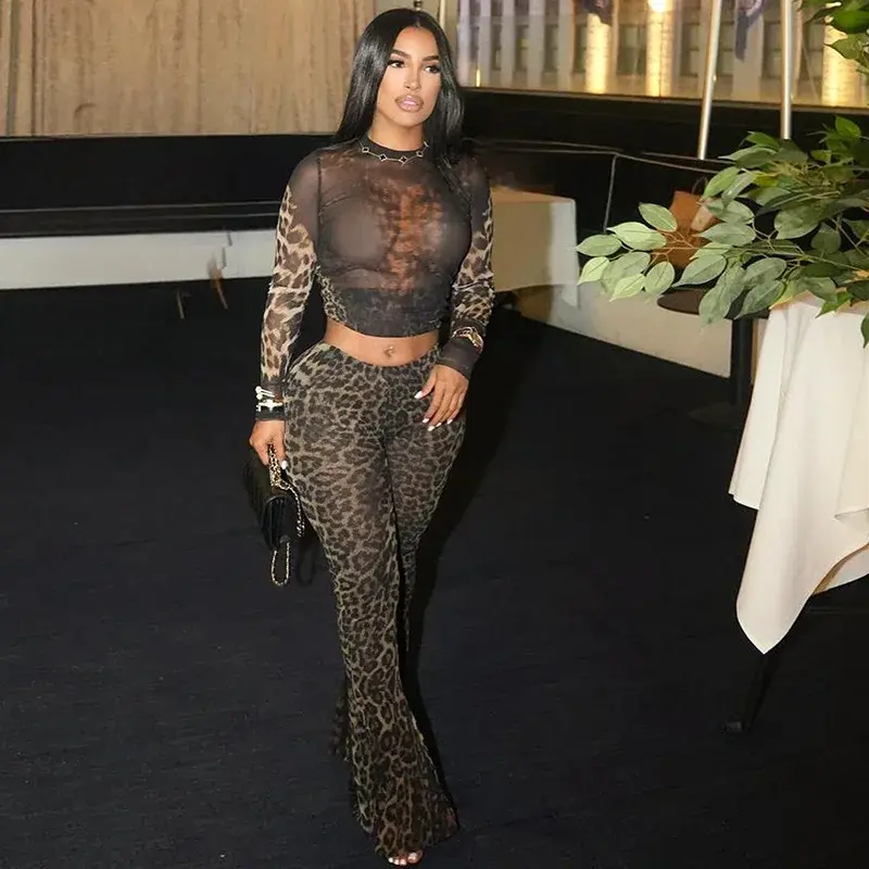 summer spring clothes Cheetah Print Women 2 Piece Set Matching Long Sleeve O-Neck Crop Tees and High Waist Slim Pants Leopard Sets Sexy Female Outfits Womenswear Check Light Suits Gamis Trouser Leopard_Beige