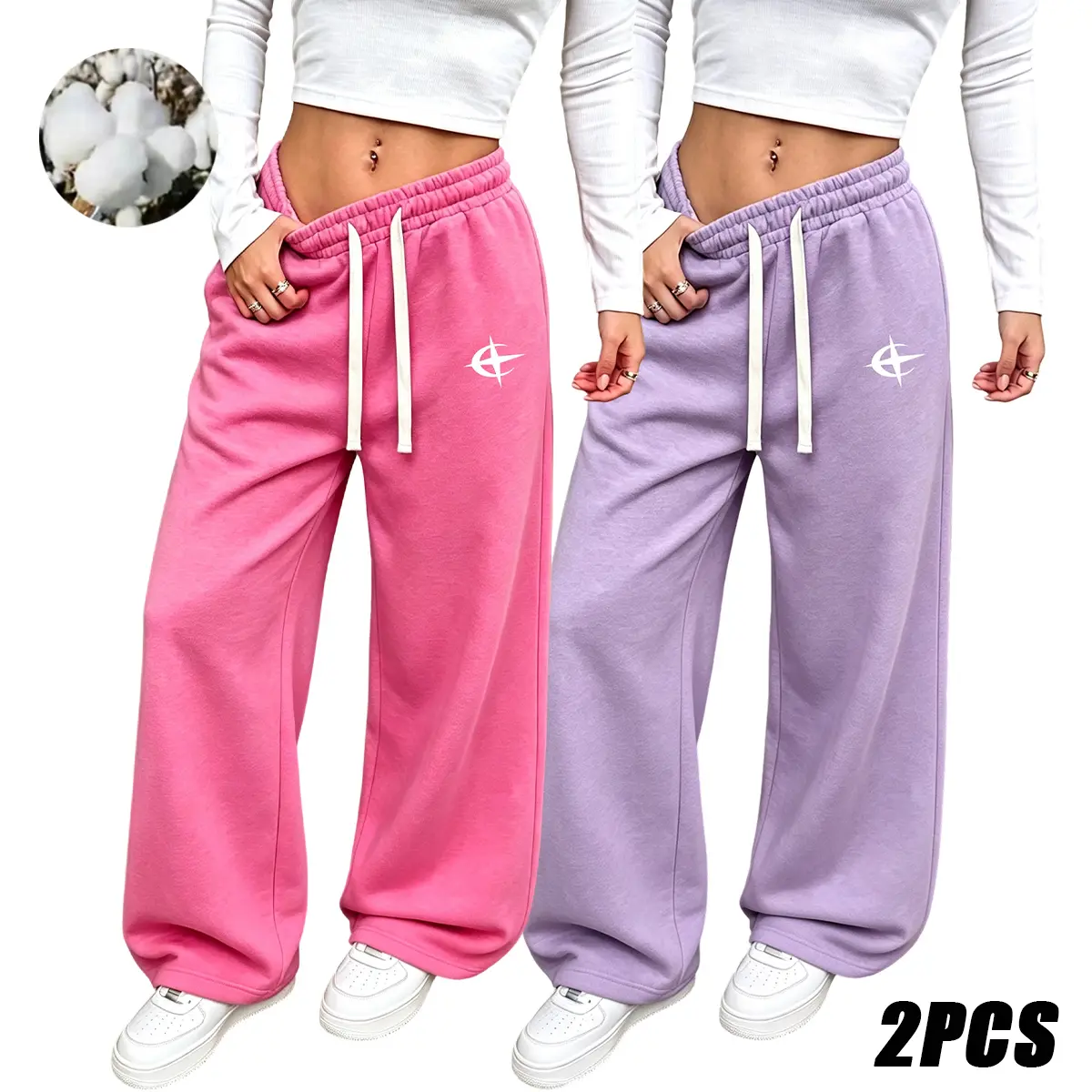 Women's 2-Pair Slimming Casual Sweatpants-Joggers, Loose-Fit American Straight-Leg Bottoms, Comfortable Wide-Leg Loungewear for Spring-Autumn Home & Outdoor Everyday Use, Bottom