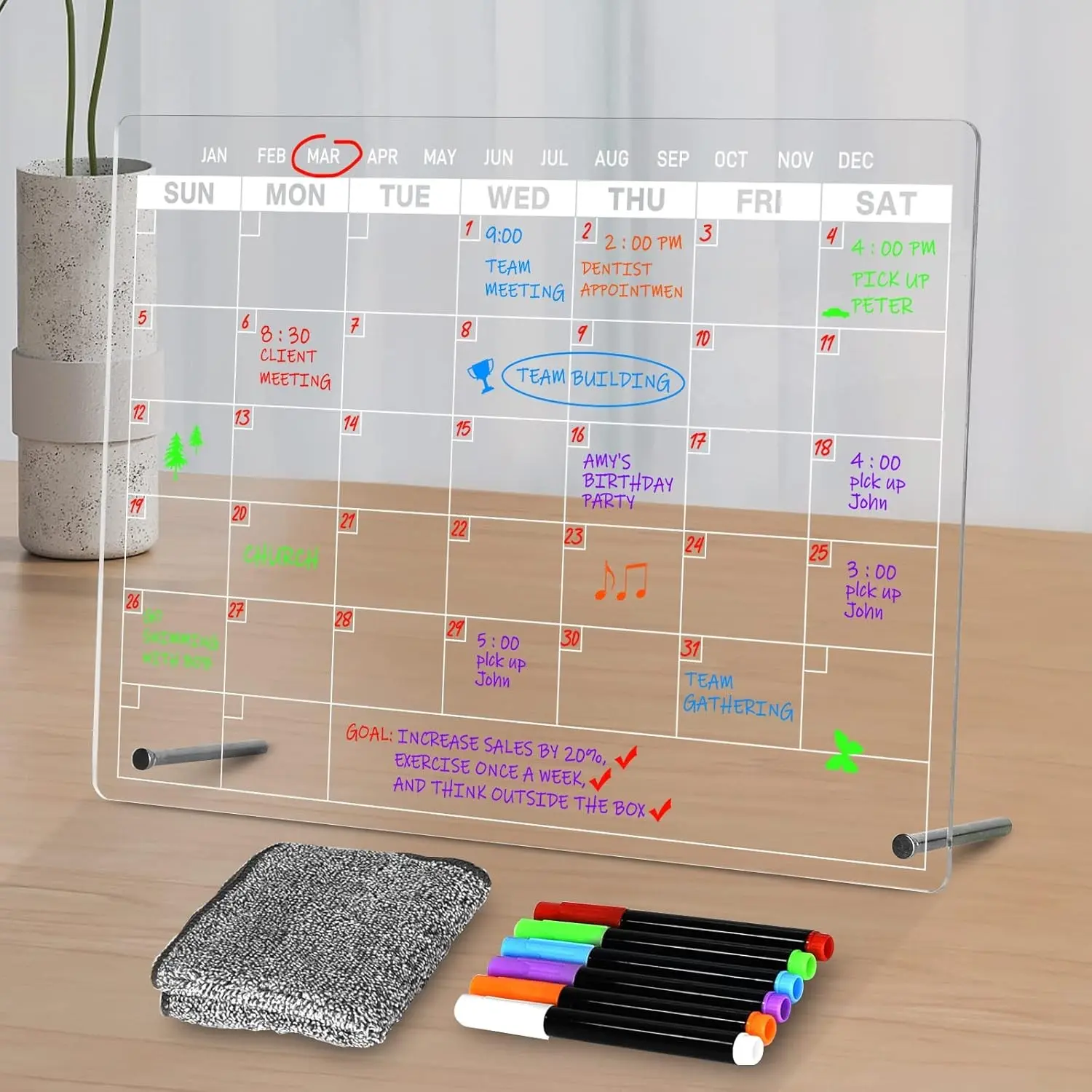 Acrylic Dry Erase Calendar Board to Do List Desktop Clear Memo Note Board, 9x13 Tabletop Whiteboard with Stand for Office, Home, School, Includes 6 Dry Erase Markers White