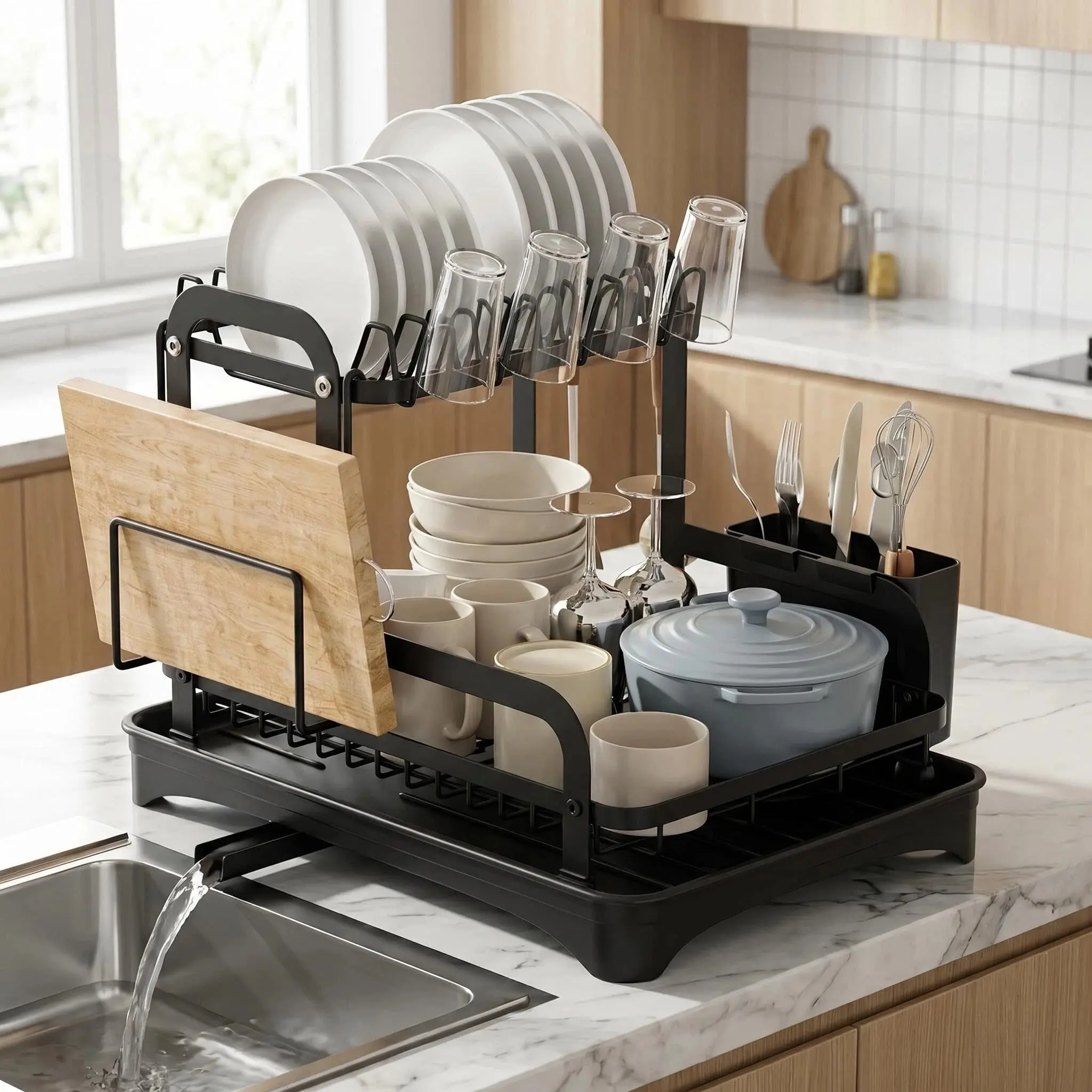 Dish Drying Rack, 2 Tier Space-Saving Dish Rack, Multifunctional Dish Drainer for Kitchen Counter with Drainboard/Utensil/Cup Holder Rustproof Carbon Steel storage