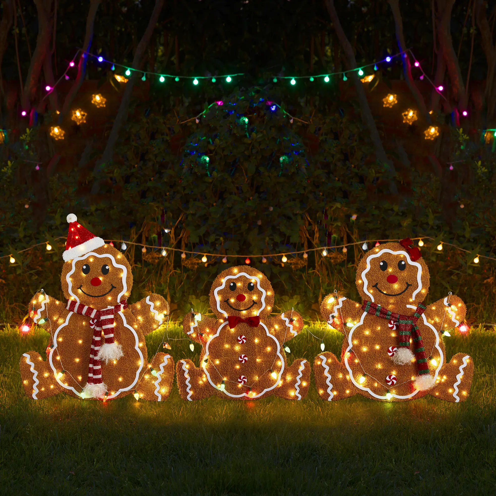 Glitzhome 3-Piece Modern 2D Fabric Lighted Gingerbread Family Outdoor Decor, Christmas Decorations with Colorful Bulbs & 260 Warm White LED Lights, Festive Gingerbread Ornament Holiday Decor