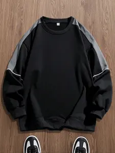 Men's Solid Color Patchwork Crew Neck Long Sleeve Casual Top, Comfortable Fashion Design, Perfect for Spring & Fall Seasons