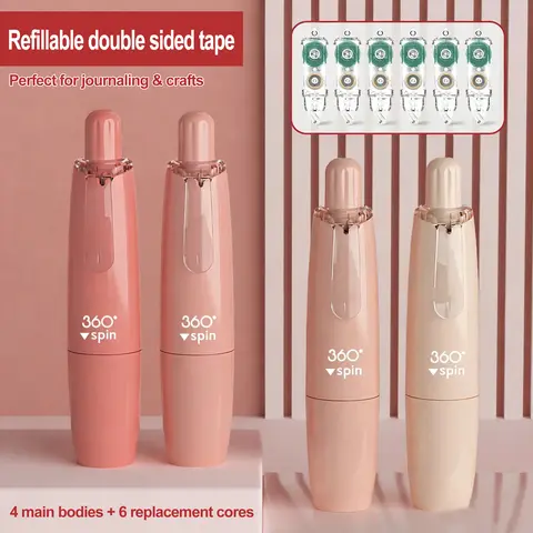 Refillable Double-Sided Colored Dot-Shape Glue Tape Pen Set - Stationery Office Supplies, 4 Main Bodies + 6 Replacement Cores, Unisex Adhesive Tool, Self Adhesive Strip for Craft Junk Journals, School Projects, Adds Decorative Elements