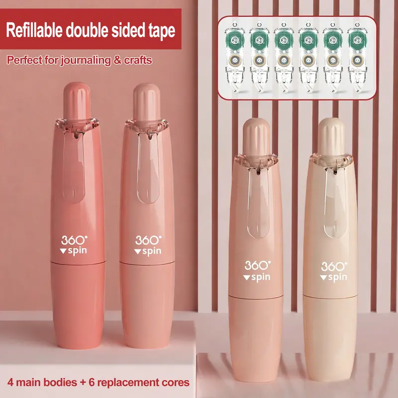 Refillable Double-Sided Colored Dot-Shape Glue Tape Pen Set - Stationery Office Supplies, 4 Main Bodies + 6 Replacement Cores, Unisex Adhesive Tool, Self Adhesive Strip for Craft Junk Journals, School Projects, Adds Decorative Elements
