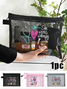 Nurse Theme Mesh Nylon Makeup Bag, Casual Style, Stethoscope Heart Syringe Thermometer Print, Cute Multifunctional Travel Organizer, Makeup Organizer Pouch, Cosmetic Bag, Travel Cosmetic Bags