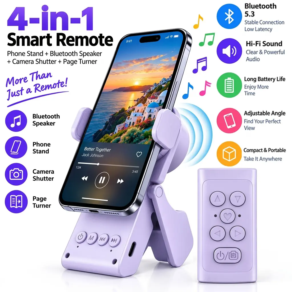 MFHHFM Remote Control for TikTok Scrolling with Bluetooth Speaker, Smartphone Holder Stand, Wireless Page Turner, Camera Shutter for Video Recording, Selfie Accessory, iOS Android, Gifts for Men Women