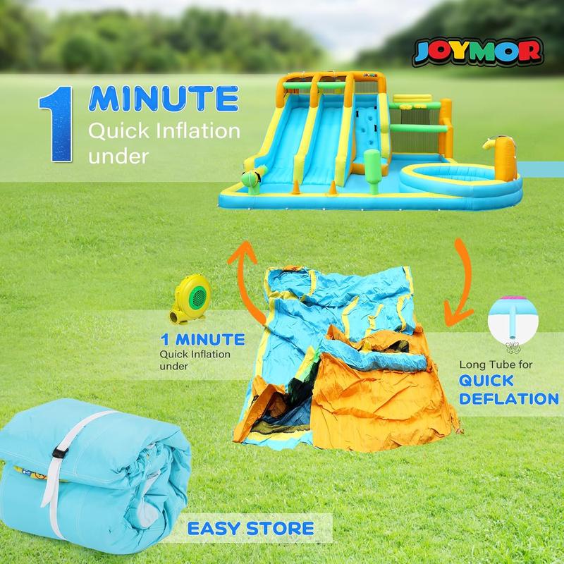 JOYMOR 11-in-1 Inflatable Water Slide for Kids Backyard w/ 2 Waterslide, 2 Basketball Hoop, Pool, Climbing Wall, Water Blasters, 1min Blow Up Water Slides Park w/ 750w Blower, Storage Bag