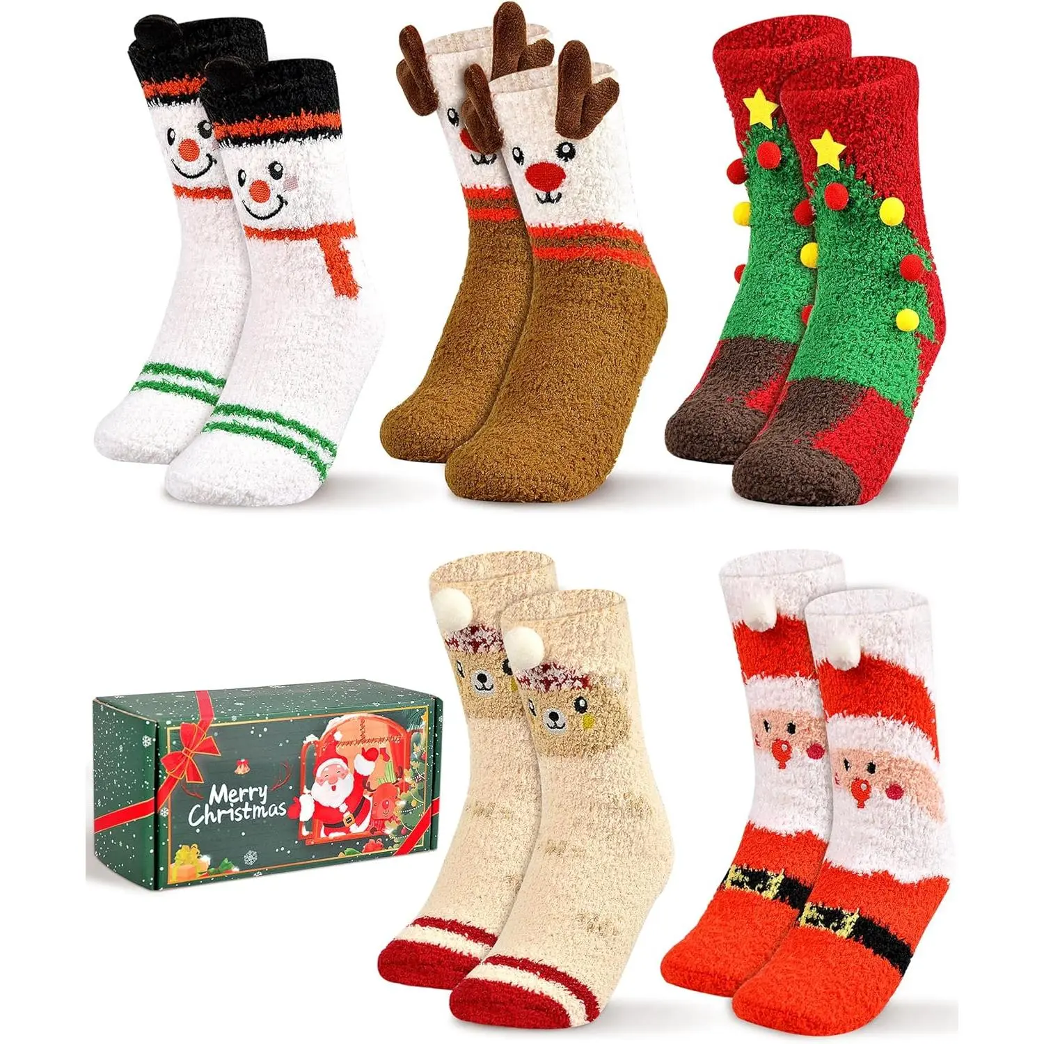 5 Pairs Women's Fuzzy Socks, Cozy Thermal Graphic Winter Crew, Christmas Slipper Gift Set for Wife & Daughter, Girlfriend, Fox, Family, House, Polyester Blend, Slight Stretch, Thick, Fabric, Fluffy, Warmer, Wrap, Lady, Comfortable, Cute, Cartoon Prints