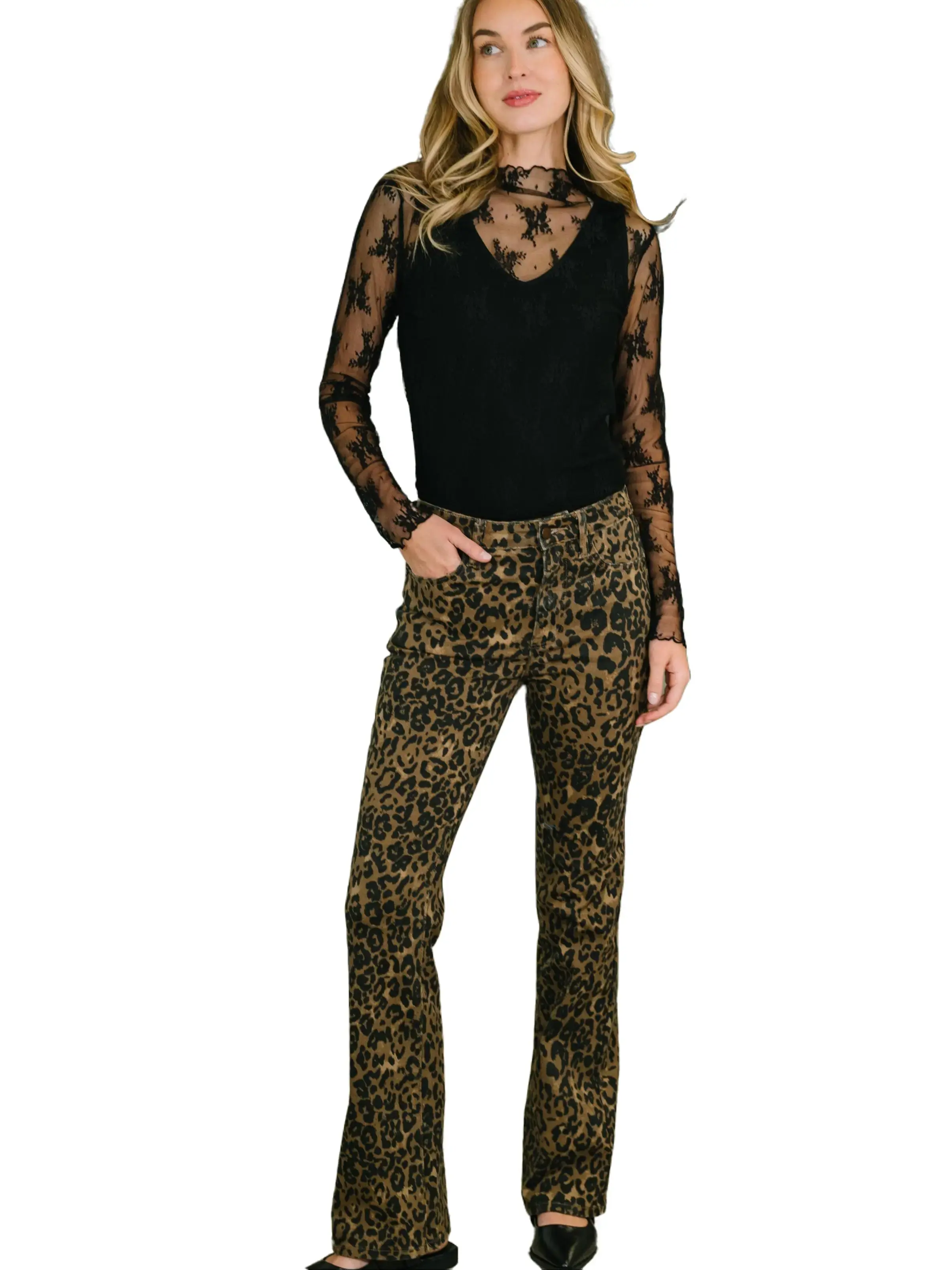 Judy Blue High Waist Leopard Print Bootcut Jeans 881183, Stretchy Cotton Comfort Denim Womenswear Bottom, Chic Trendy Style