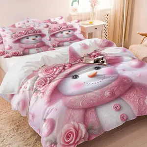 2/3Pcs Snowman Print Duvet Cover Set, Charming Pink-Themed Bedding Set, Soft and Cozy Digital Print with Intricate Design, Ideal for Winter Decor and Holiday Cheer, Perfect for All Seasons, No Filler, Decorative Duvet Cover