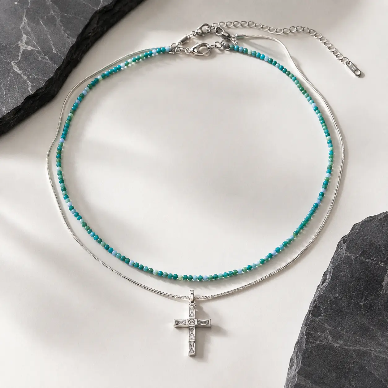 Double Layer Turquoise Beaded Cross Necklace for Women, Silver Plated Snake Chain, Western Boho Stackable Beaded Choker, Hypoallergenic Jewelry Gift