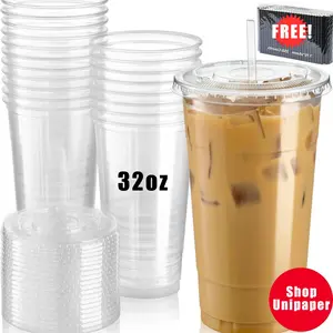 32oz Clear Plastic Cup with Straw & Lid, 50-500 Sets Disposable Coffee Cup, Disposable Cups, Disposable Tableware for Party & Takeaway Drink, Kitchen Accessories